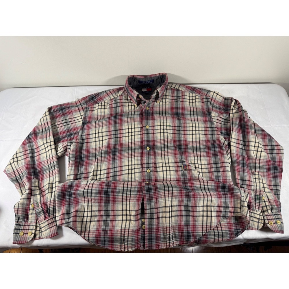 Tommy Hilfiger Mens Plaid Twill Cotton Button Down Shirt Red Blue Cream Size M